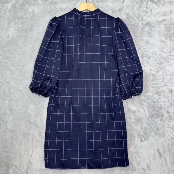 Tyler Boe Dress Womens Medium Blue Windowpane Check Puff Sleeve Shift Modern - Picture 2 of 13